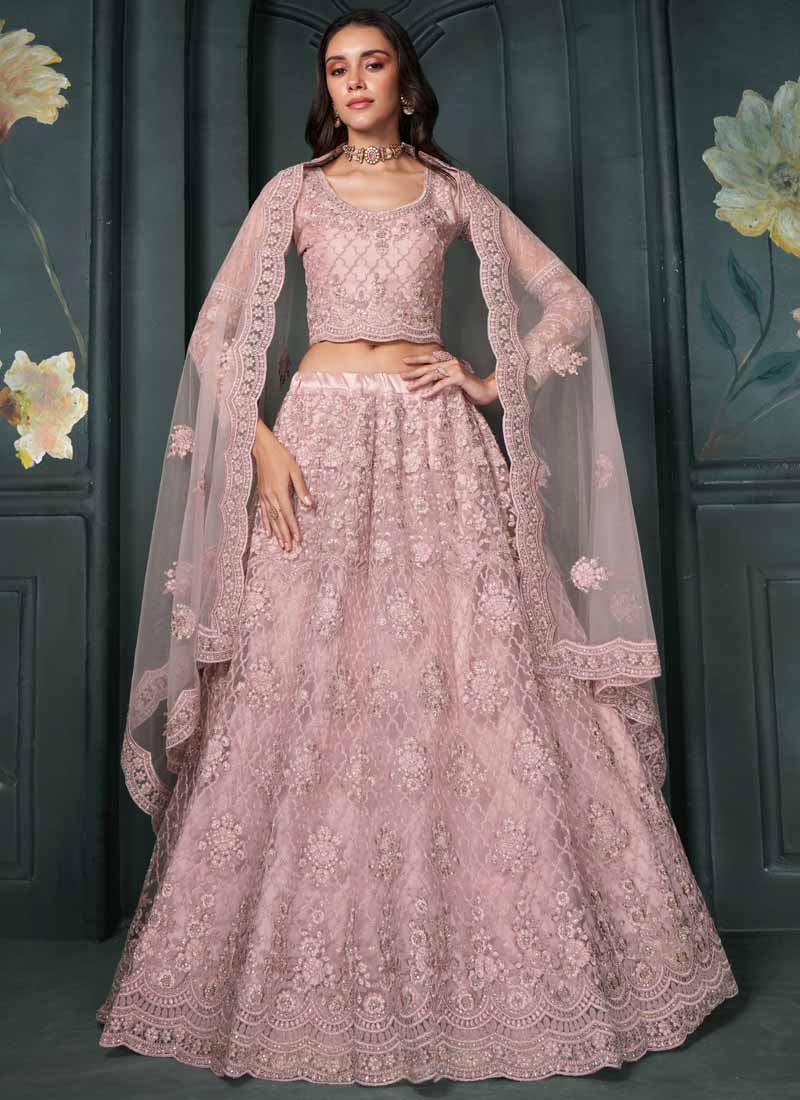 Vegaa Fashion Designer Dusty Pink Net Embroidery Bridal Lehenga - Swadesiicart