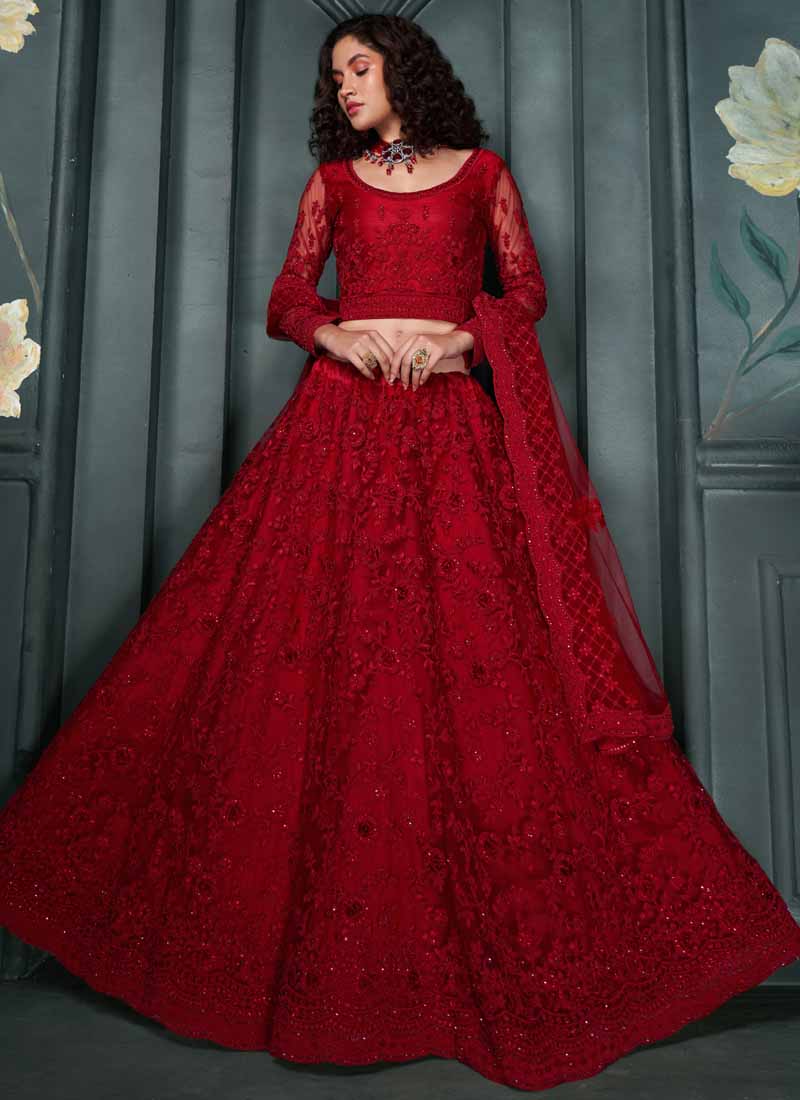 Vegaa Fashion Designer Red Net Embroidery Bridal Lehenga - Swadesiicart