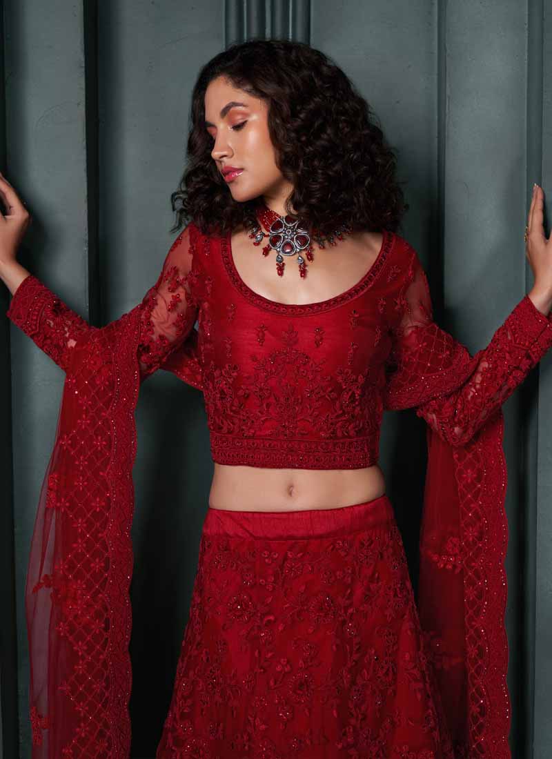Vegaa Fashion Designer Red Net Embroidery Bridal Lehenga - Swadesiicart