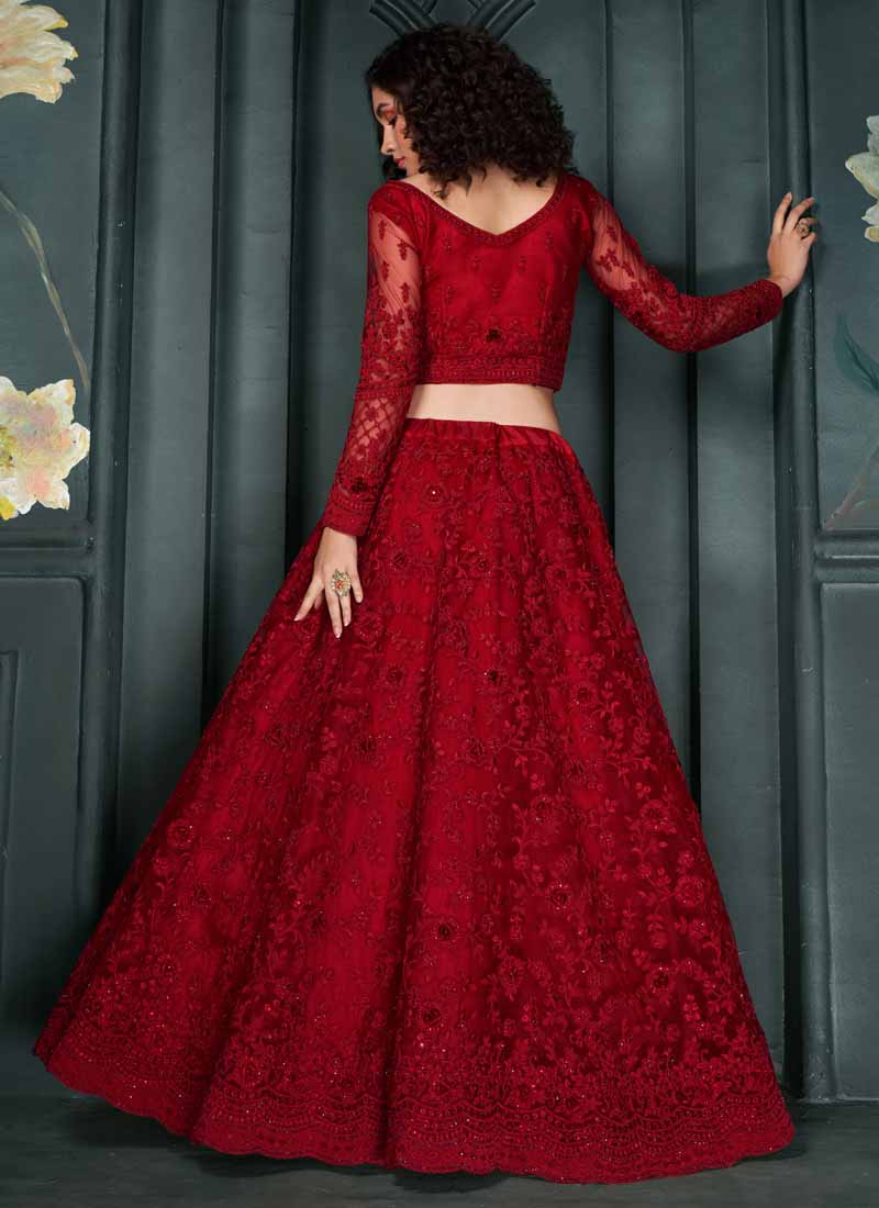 Vegaa Fashion Designer Red Net Embroidery Bridal Lehenga - Swadesiicart