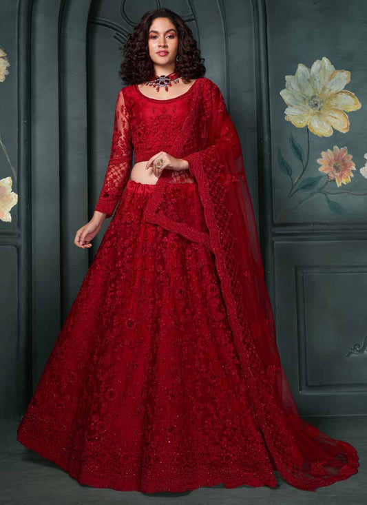 Vegaa Fashion Designer Red Net Embroidery Bridal Lehenga - Swadesiicart