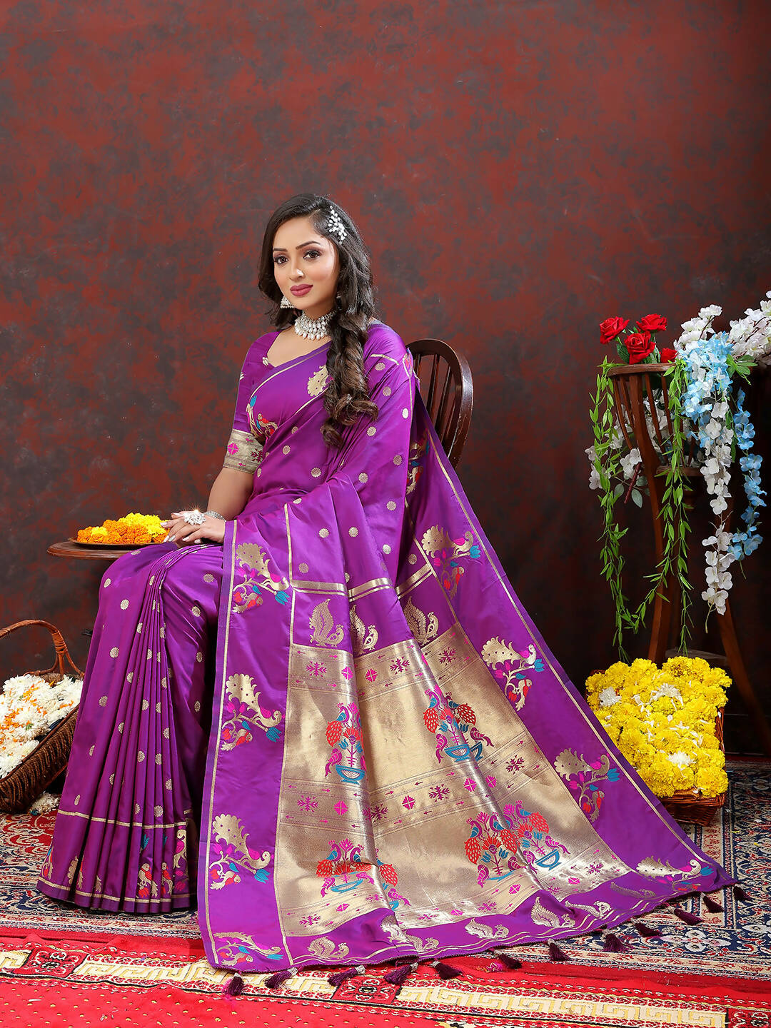 Lorenvalley Fashion Wine Soft Paithani Silk Woven Design Gold Zari Meenakari Weaving Saree - Swadesiicart