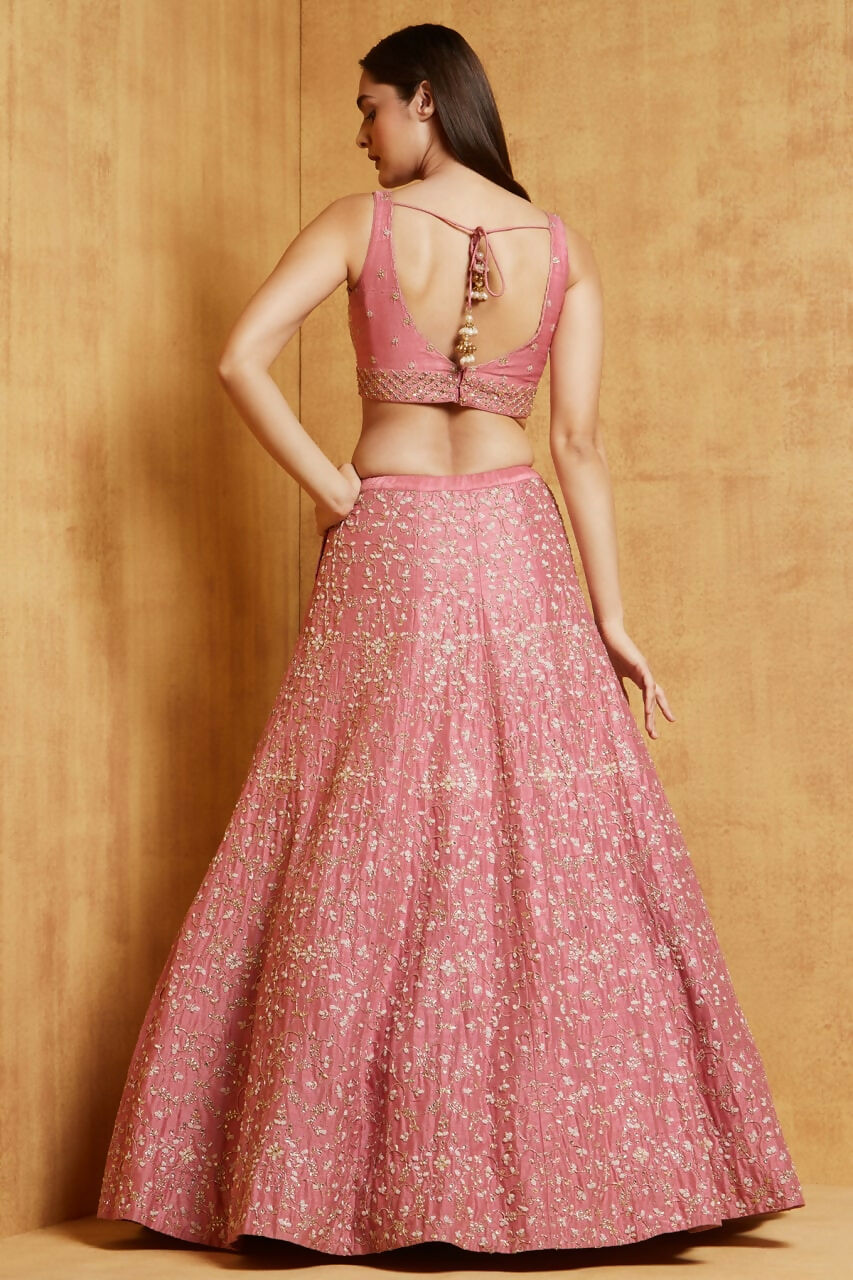 Jyoti Fashion Peach Cording Dori with Zari Thread Sequence Embroidery Malai Satin Silk Lehenga Choli with Dupatta | Swadesiicart