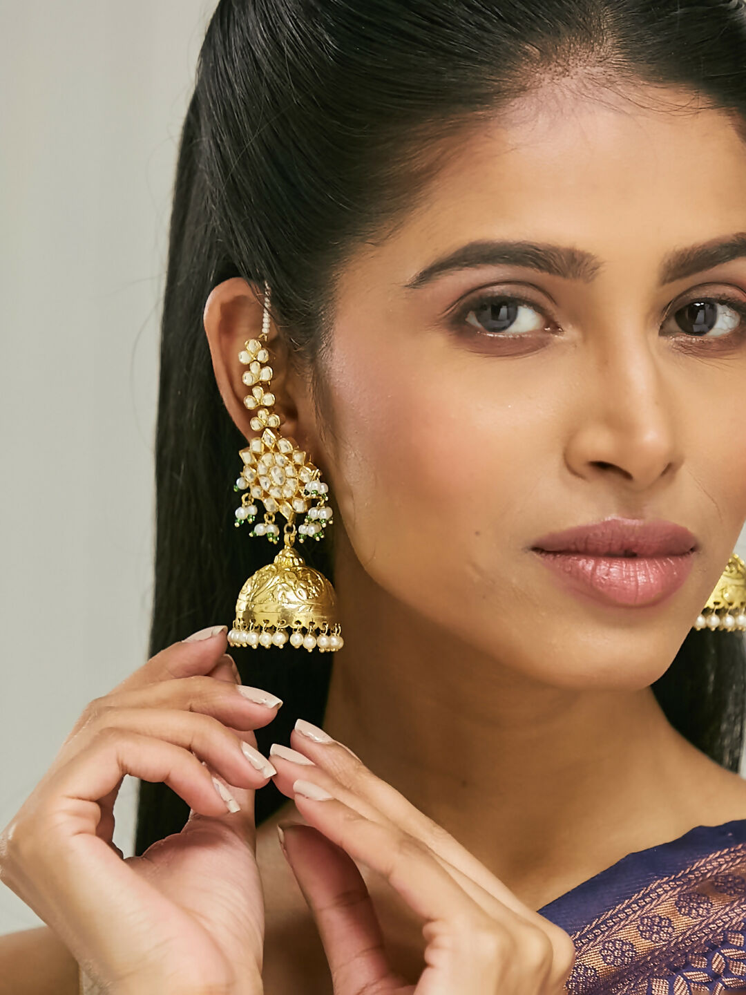 Nuyug 22K Gold-Plated Floral Jhumki Kundan Studded Kanauti Earrings | Swadesiicart