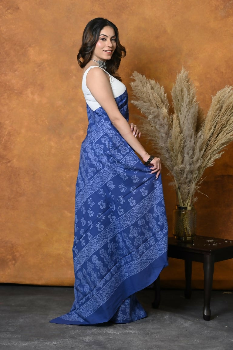 Very Much Indian Handblock Printed Cotton Saree With Natural Dyes - Indigo Blue | Swadesiicart