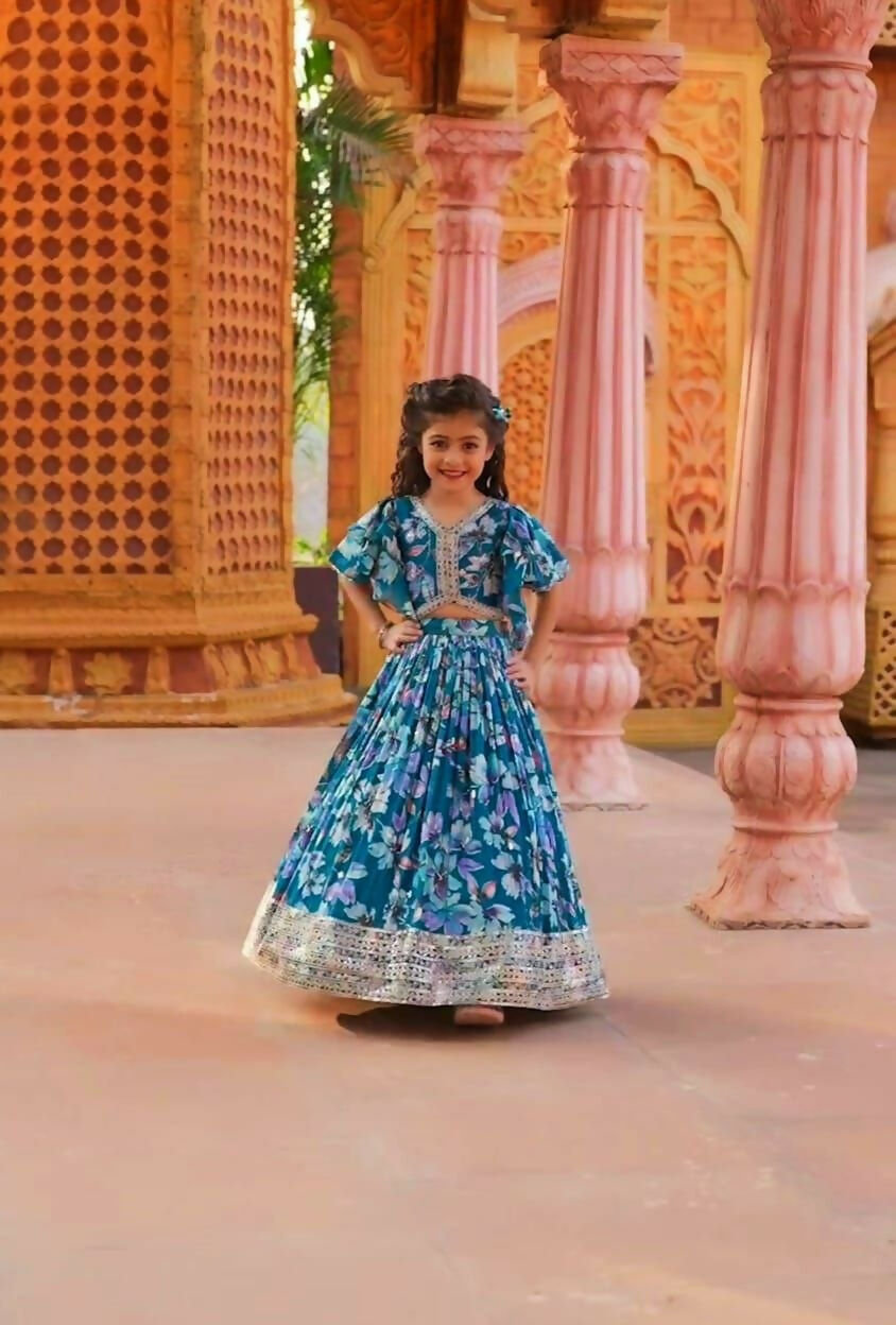 Jyoti Fashion Beautiful Blue Faux Georgette Digital Printed with Sequins Embroidered Kids Lehenga Choli Set | Swadesiicart