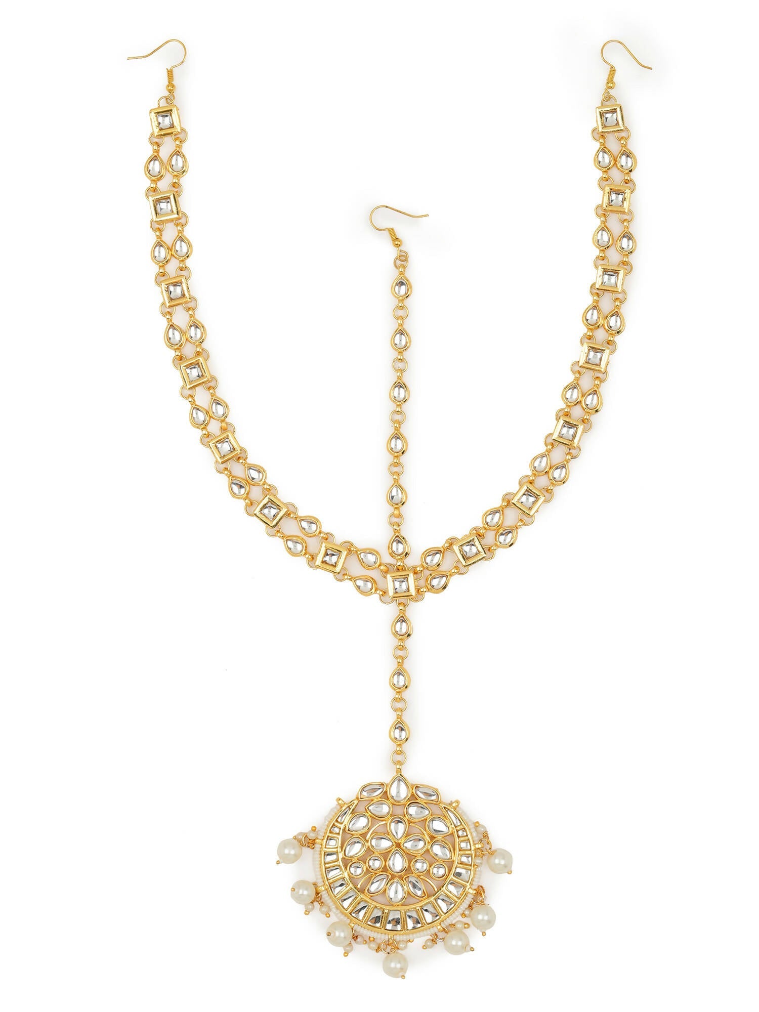 Gold-Polished White Kundan-Studded Pearl Beaded Matha Patti - Ruby Raang | Swadesiicart