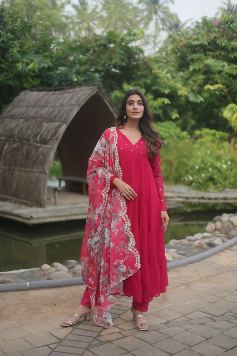 Jyoti Fashion Women's Pink Faux Blooming Butti Work Kurta with Trouser & Dupatta | Swadesiicart