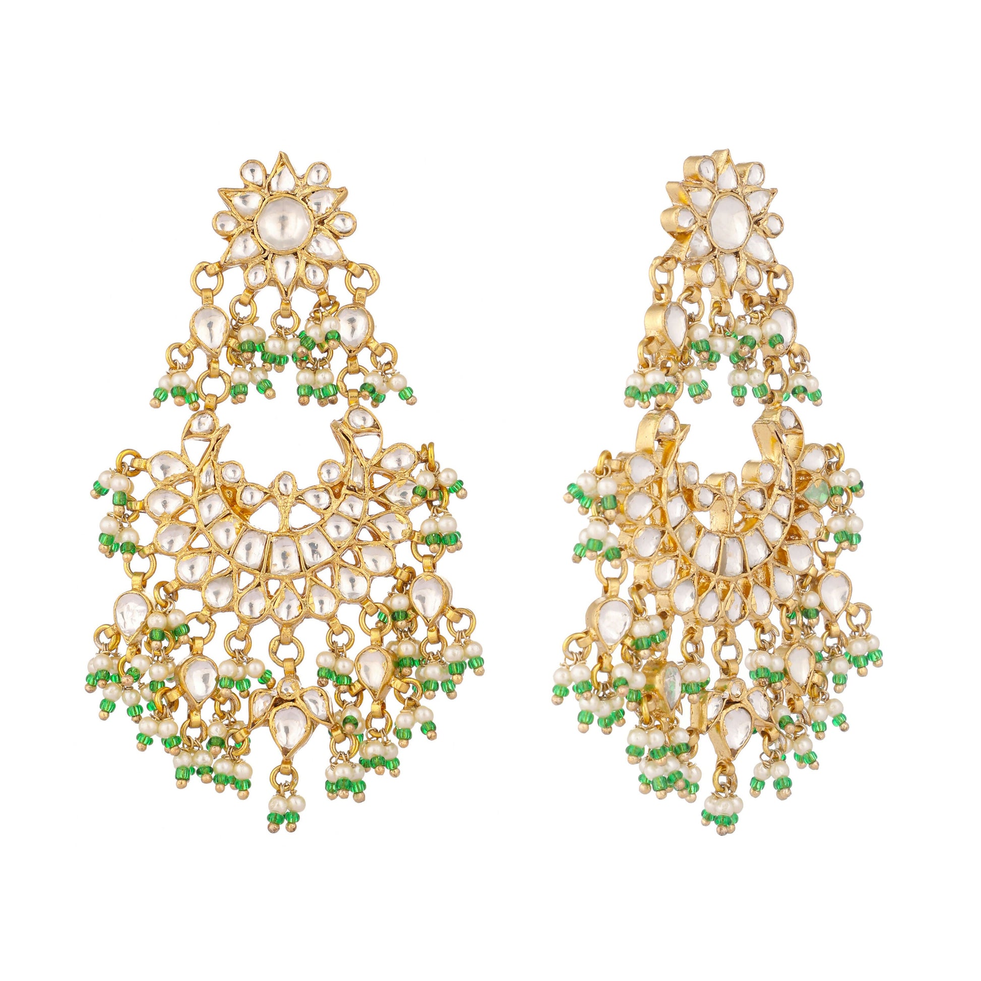 Nuyug 22K Gold-Plated Kundan & Pearl Studded Crescent Shaped Green Beads Chandbalis | Swadesiicart