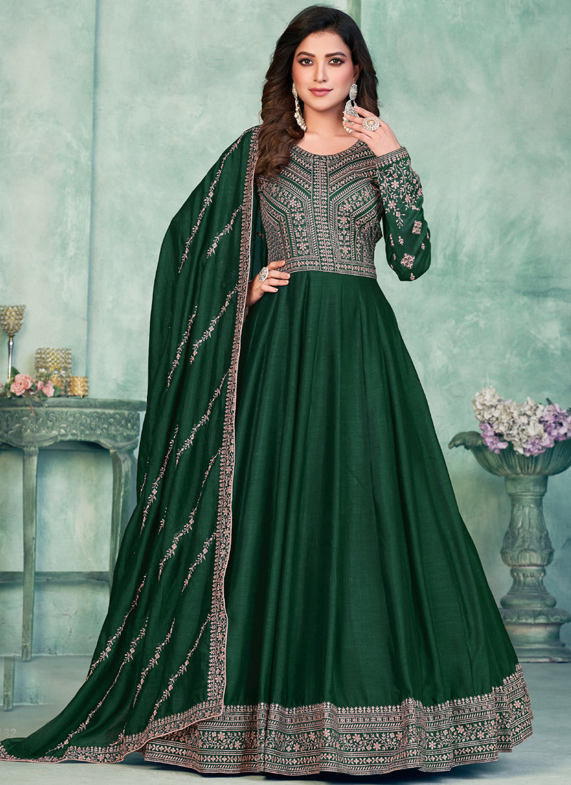 Vegaa Fashion Green Art Silk Embroidered Anarkali Suit - Swadesiicart