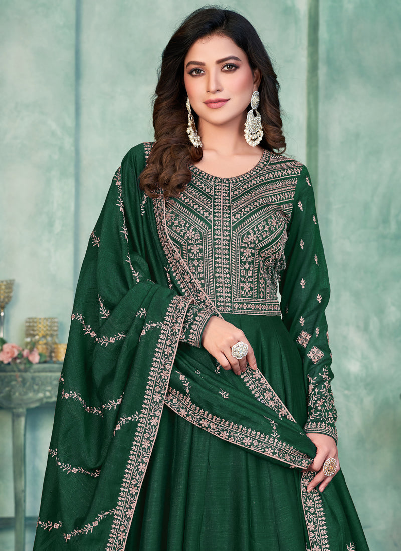 Vegaa Fashion Green Art Silk Embroidered Anarkali Suit - Swadesiicart