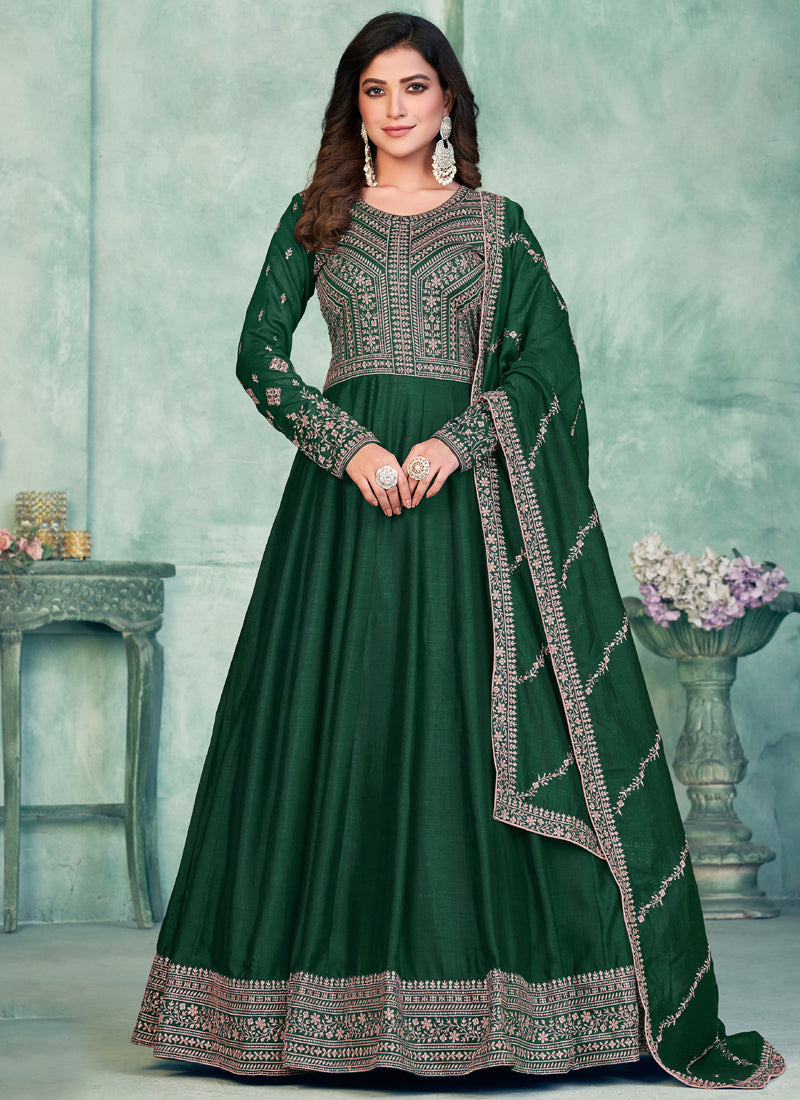 Vegaa Fashion Green Art Silk Embroidered Anarkali Suit - Swadesiicart