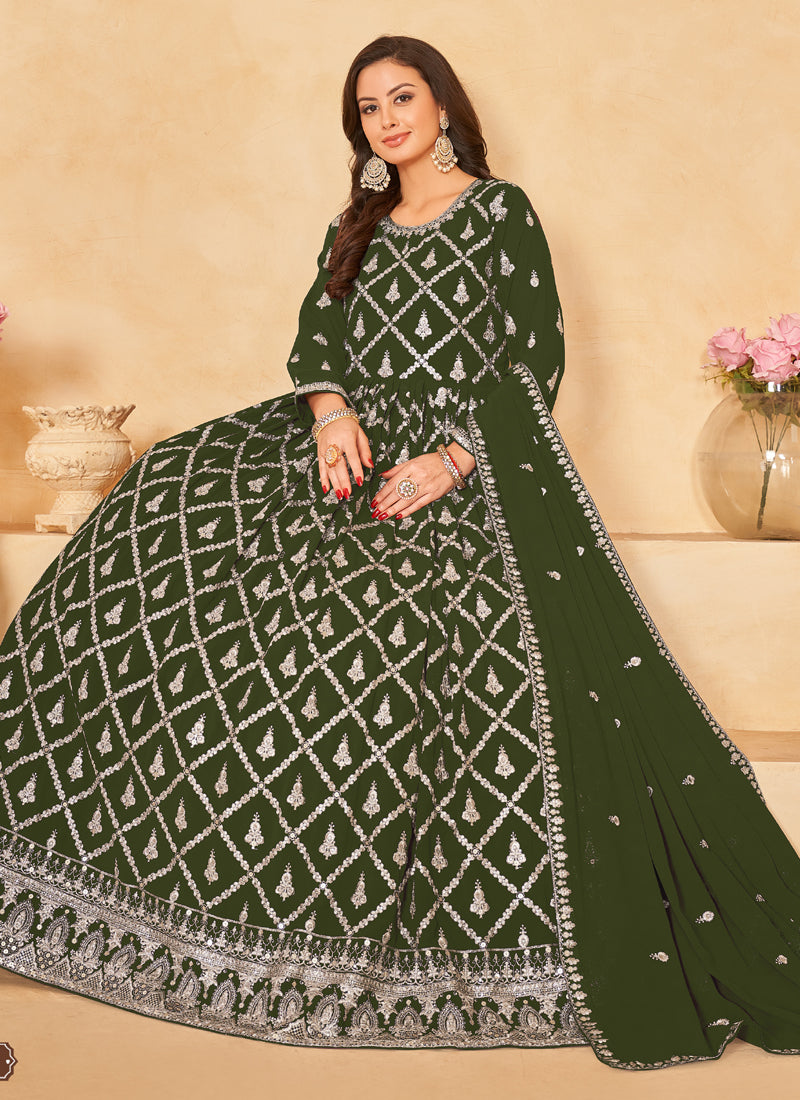 Vegaa Fashion Designer Mahendi Faux Georgette Embroidery Anarkali Suit - Swadesiicart