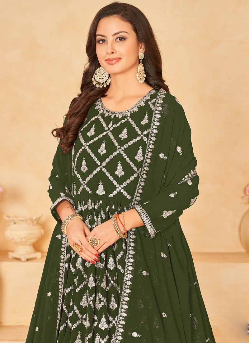 Vegaa Fashion Designer Mahendi Faux Georgette Embroidery Anarkali Suit - Swadesiicart