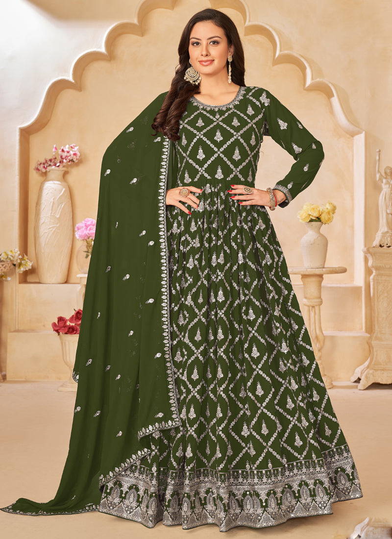 Vegaa Fashion Designer Mahendi Faux Georgette Embroidery Anarkali Suit - Swadesiicart