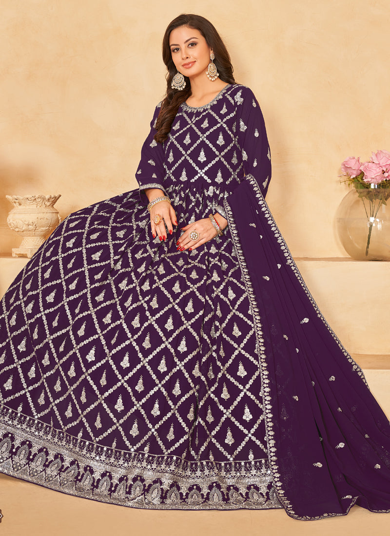 Vegaa Fashion Designer Purple Faux Georgette Embroidery Anarkali Suit - Swadesiicart