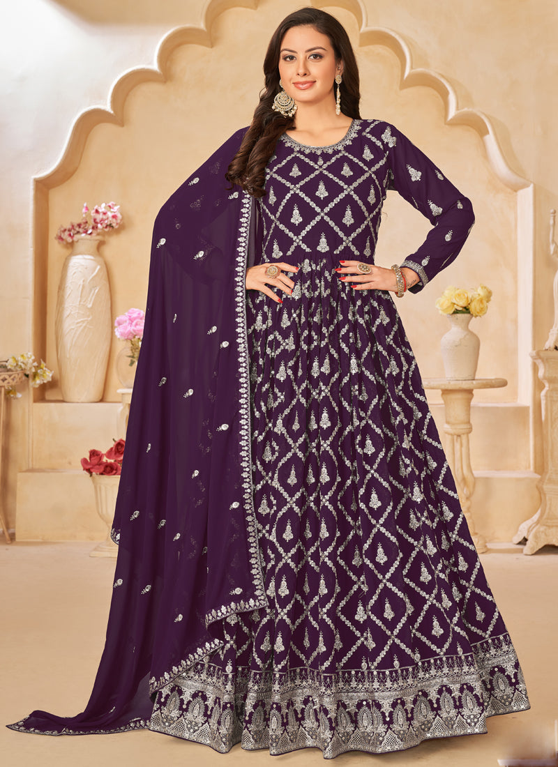 Vegaa Fashion Designer Purple Faux Georgette Embroidery Anarkali Suit - Swadesiicart