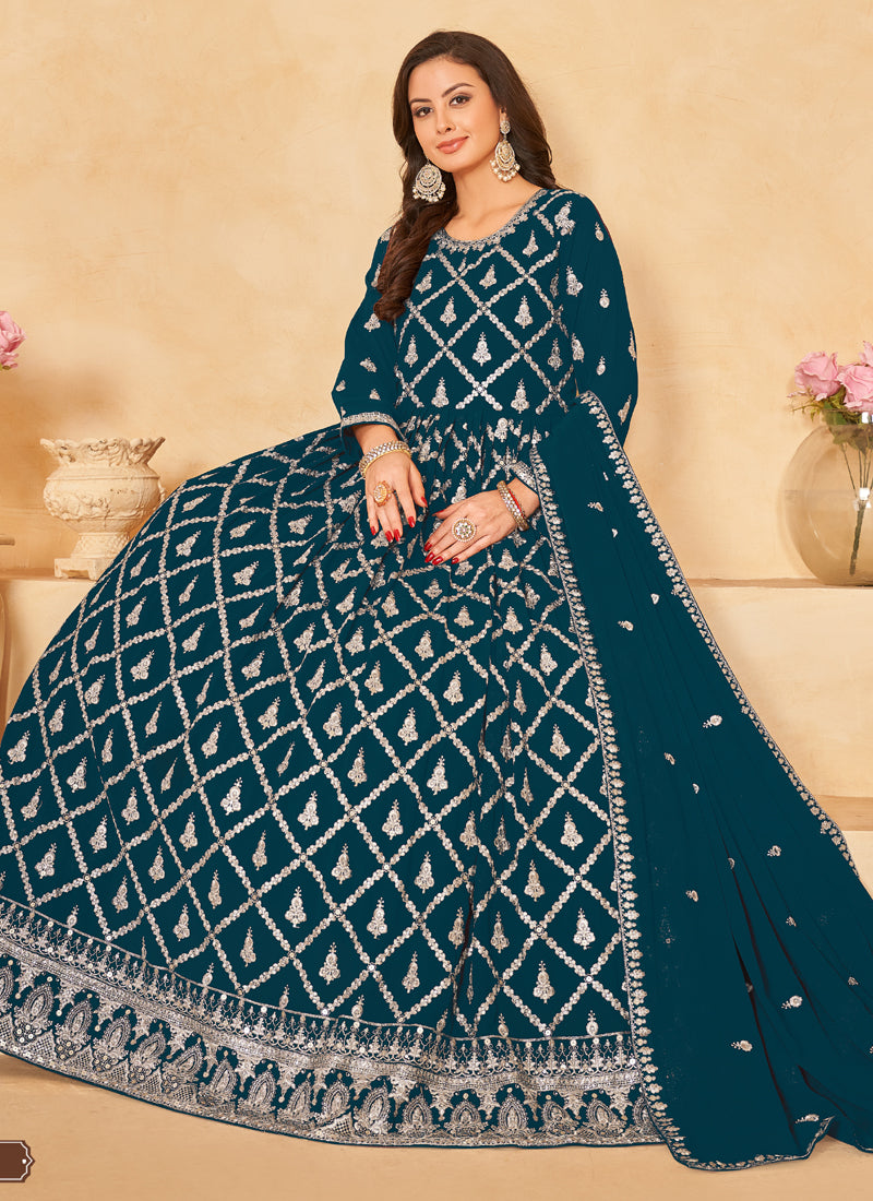 Vegaa Fashion Designer Aqua Blue Faux Georgette Embroidery Anarkali Suit - Swadesiicart