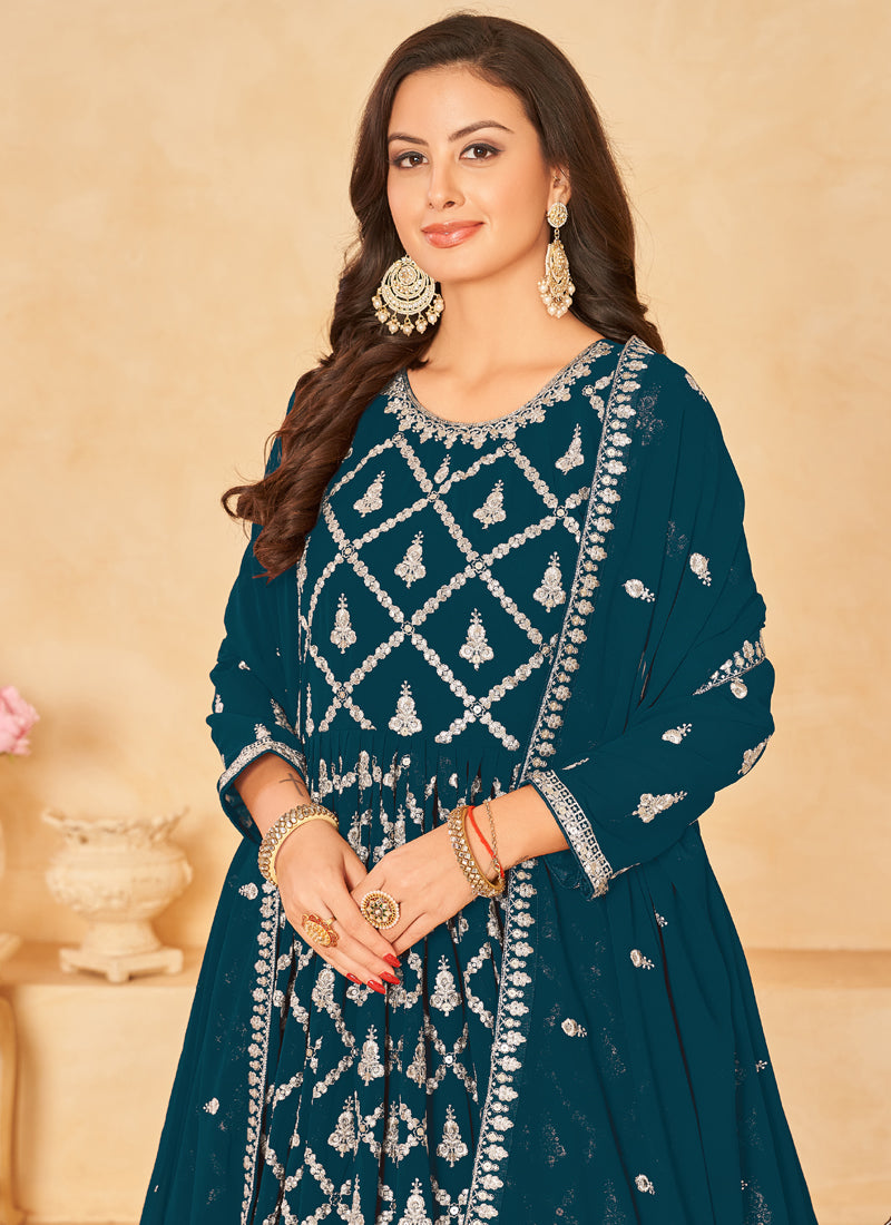 Vegaa Fashion Designer Aqua Blue Faux Georgette Embroidery Anarkali Suit - Swadesiicart