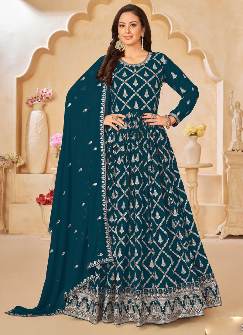Vegaa Fashion Designer Aqua Blue Faux Georgette Embroidery Anarkali Suit - Swadesiicart