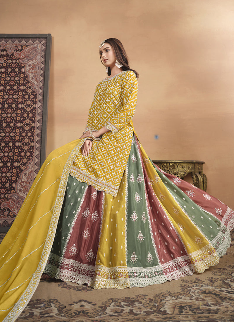 Vegaa Fashion Yellow Chinon Silk Embroidered Lehenga Style Suit - Swadesiicart