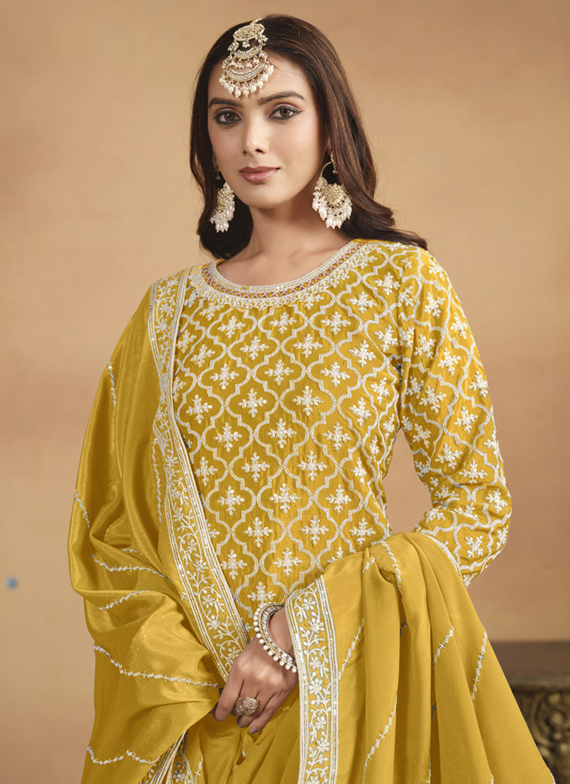 Vegaa Fashion Yellow Chinon Silk Embroidered Lehenga Style Suit - Swadesiicart
