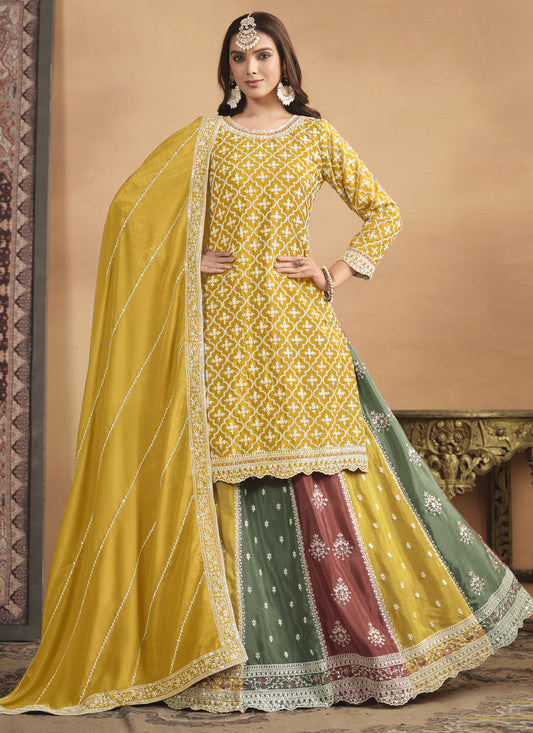 Vegaa Fashion Yellow Chinon Silk Embroidered Lehenga Style Suit - Swadesiicart