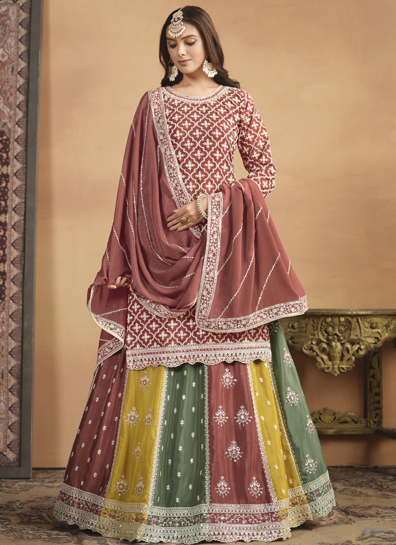 Vegaa Fashion Peach Chinon Silk Embroidered Lehenga Style Suit - Swadesiicart