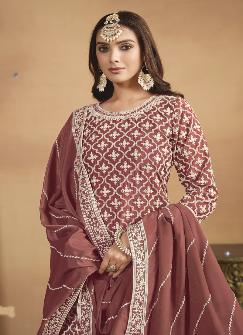 Vegaa Fashion Peach Chinon Silk Embroidered Lehenga Style Suit - Swadesiicart