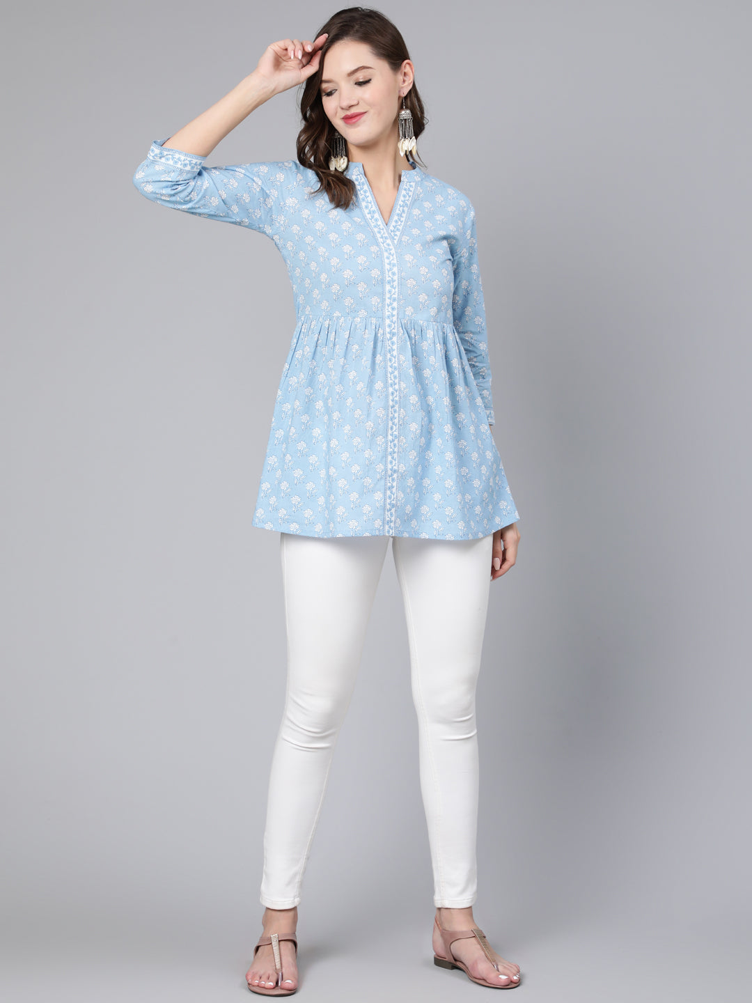 Antaran Light Blue Pure Cotton Printed Tunic - Swadesiicart
