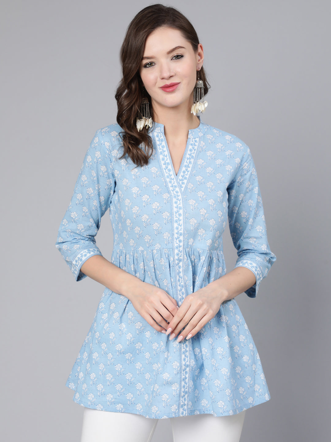 Antaran Light Blue Pure Cotton Printed Tunic - Swadesiicart