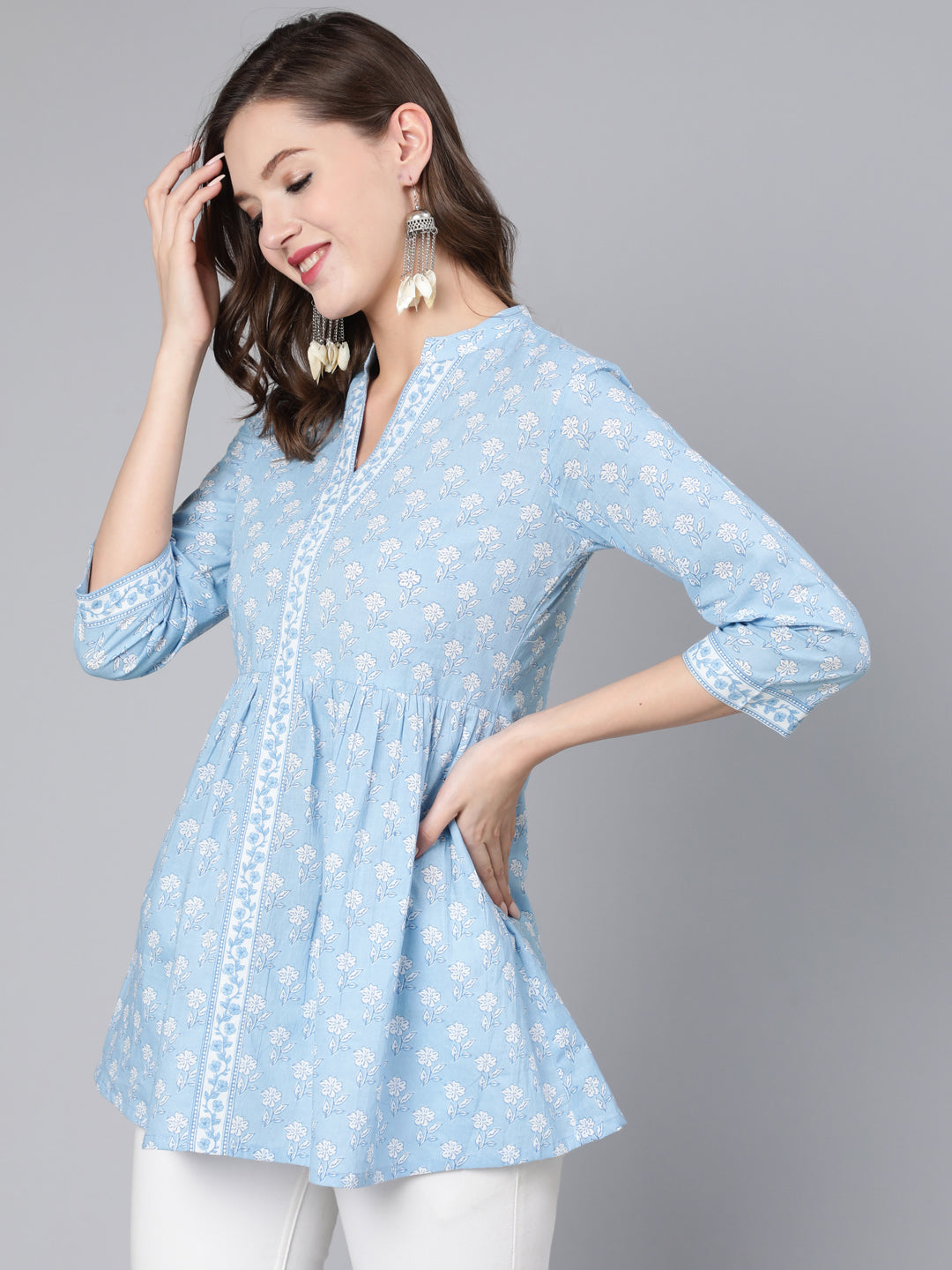 Antaran Light Blue Pure Cotton Printed Tunic - Swadesiicart