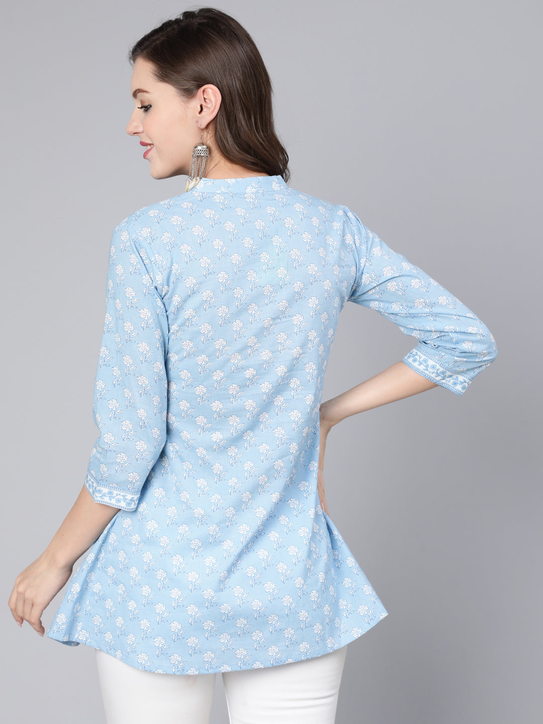 Antaran Light Blue Pure Cotton Printed Tunic - Swadesiicart