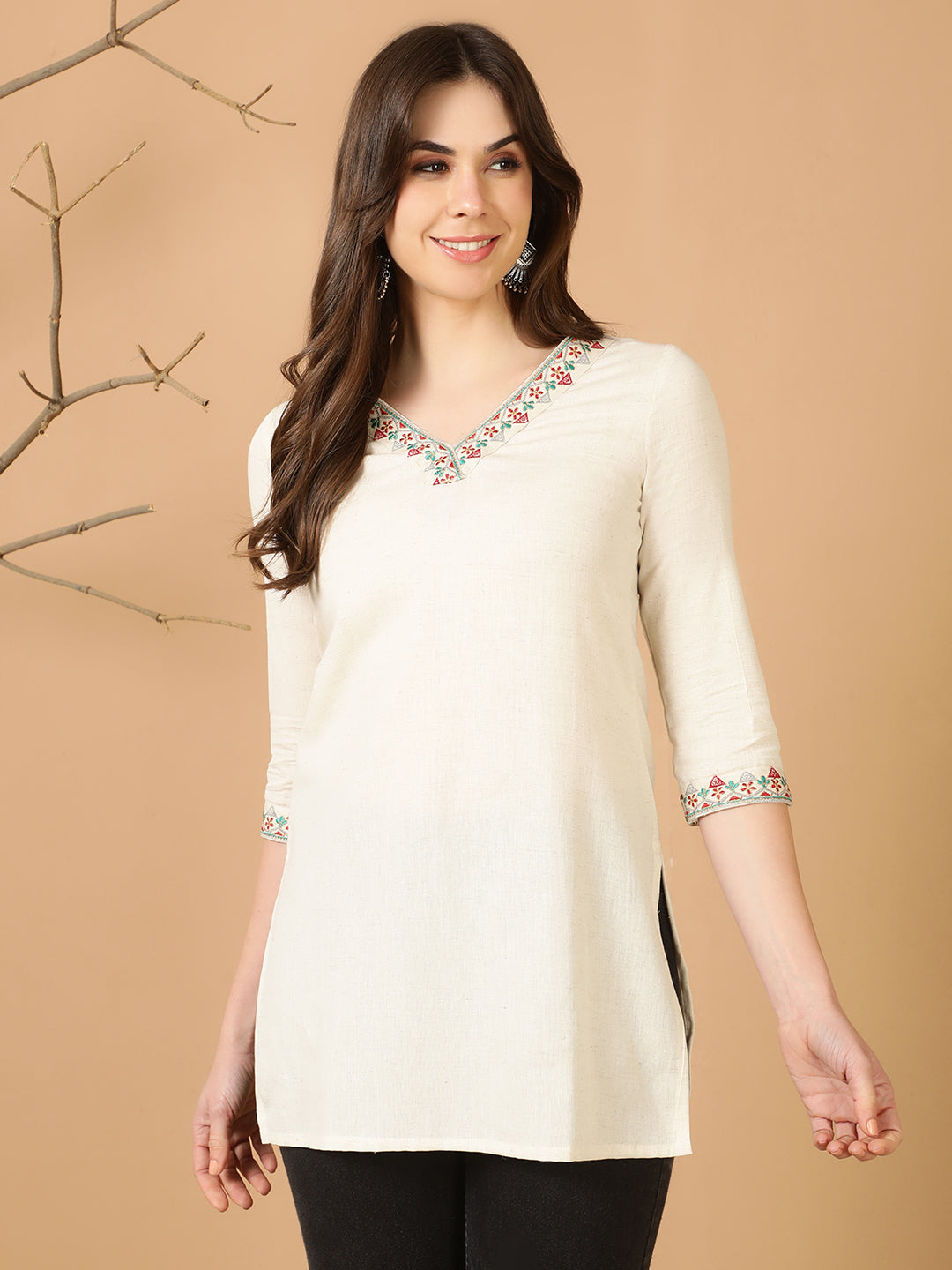 Antaran Off White Cotton Flex Embroidered Tunic - Swadesiicart