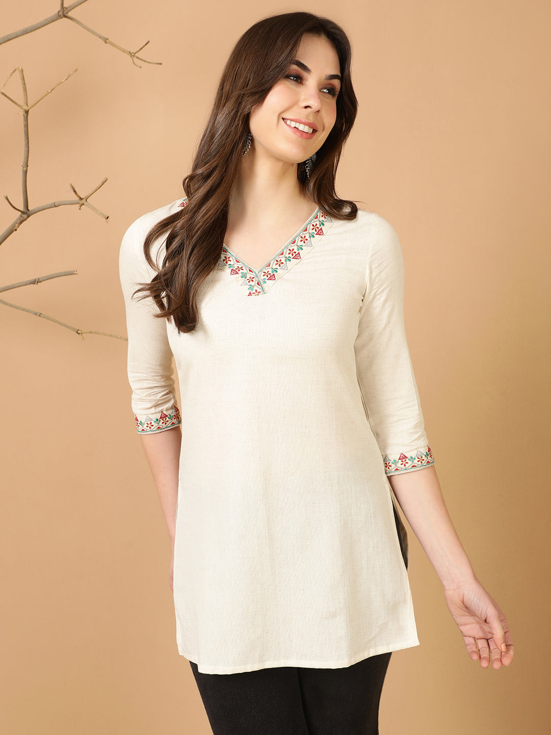 Antaran Off White Cotton Flex Embroidered Tunic - Swadesiicart