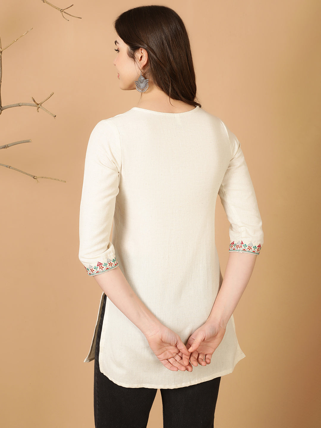 Antaran Off White Cotton Flex Embroidered Tunic - Swadesiicart