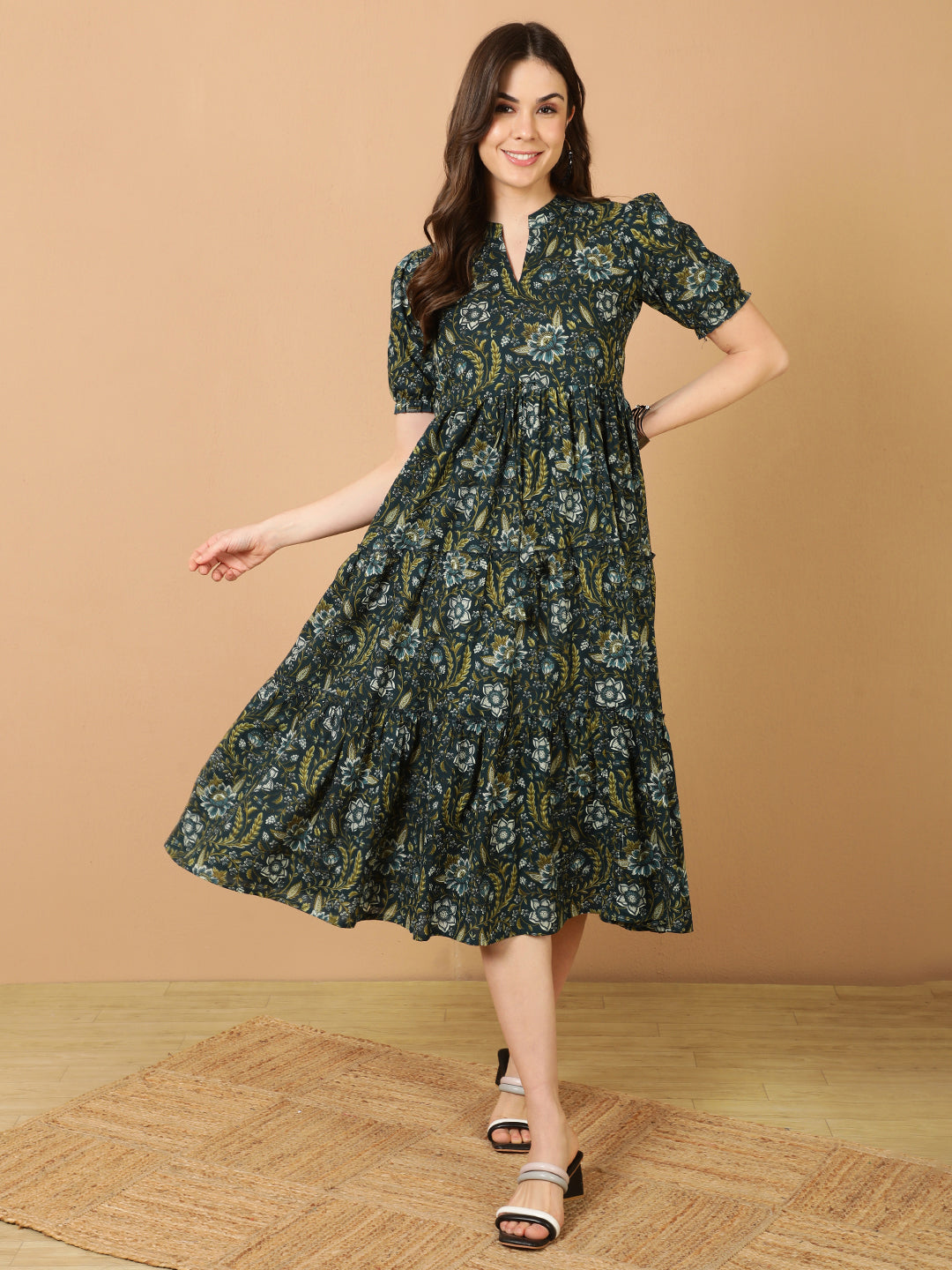 Antaran Blue Pure Cotton Tiered Printed Dress - Swadesiicart