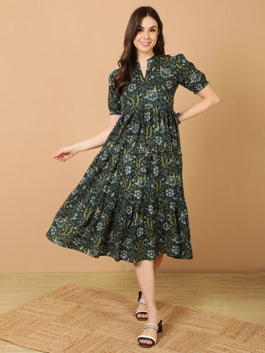 Antaran Blue Pure Cotton Tiered Printed Dress - Swadesiicart