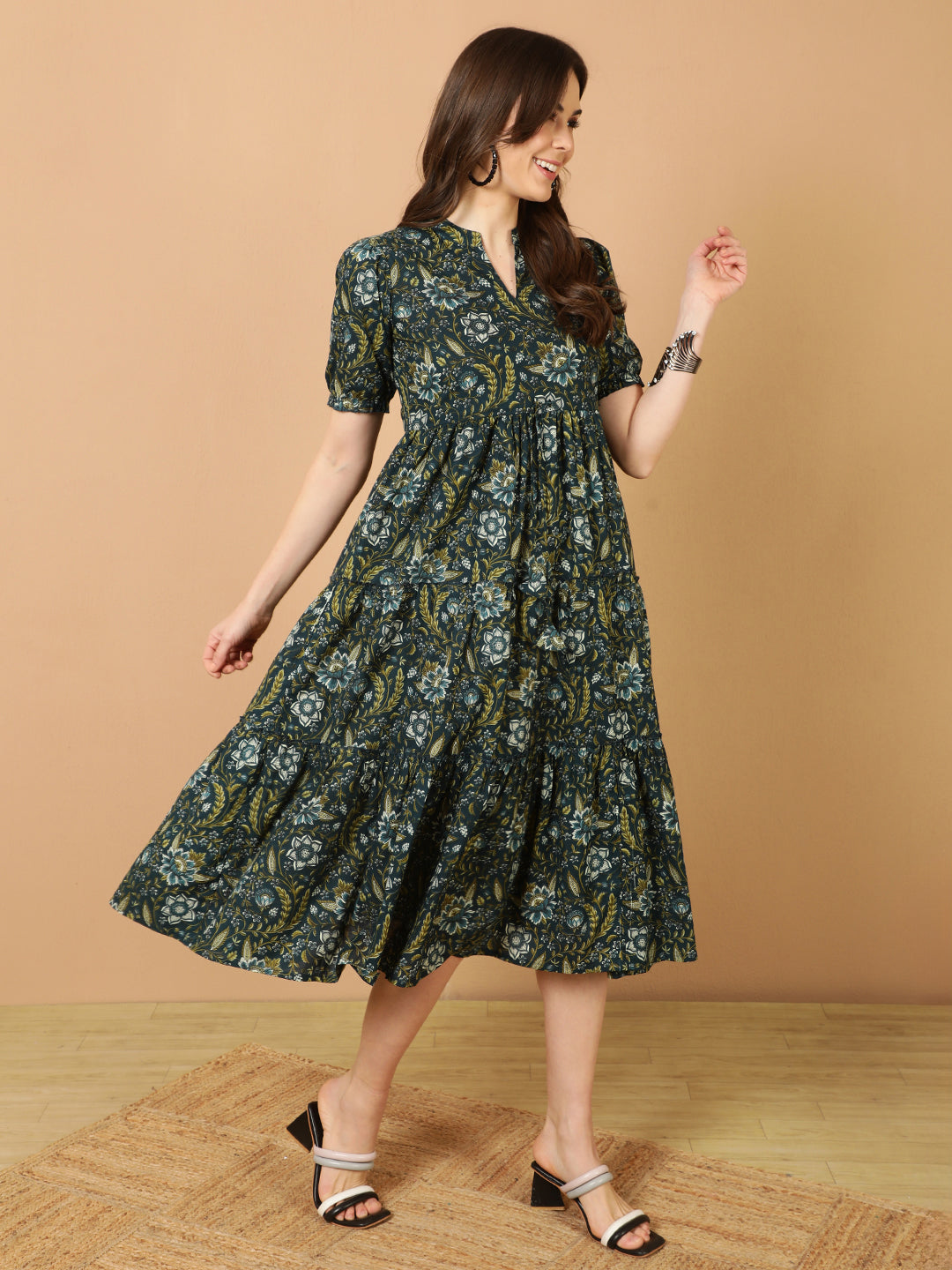 Antaran Blue Pure Cotton Tiered Printed Dress - Swadesiicart