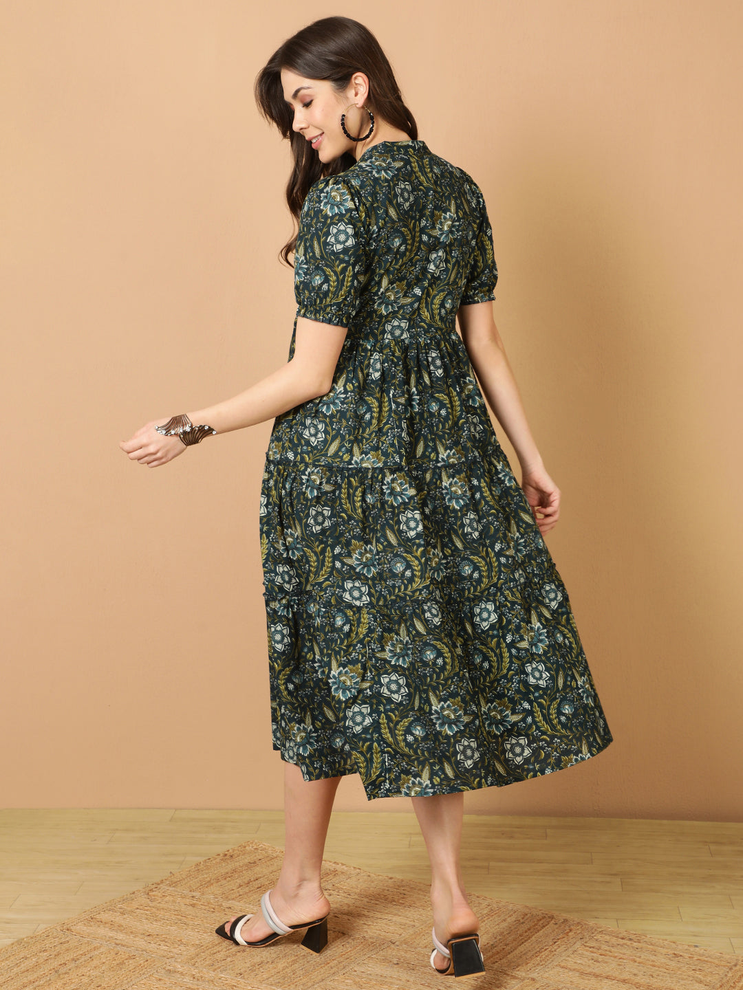 Antaran Blue Pure Cotton Tiered Printed Dress - Swadesiicart