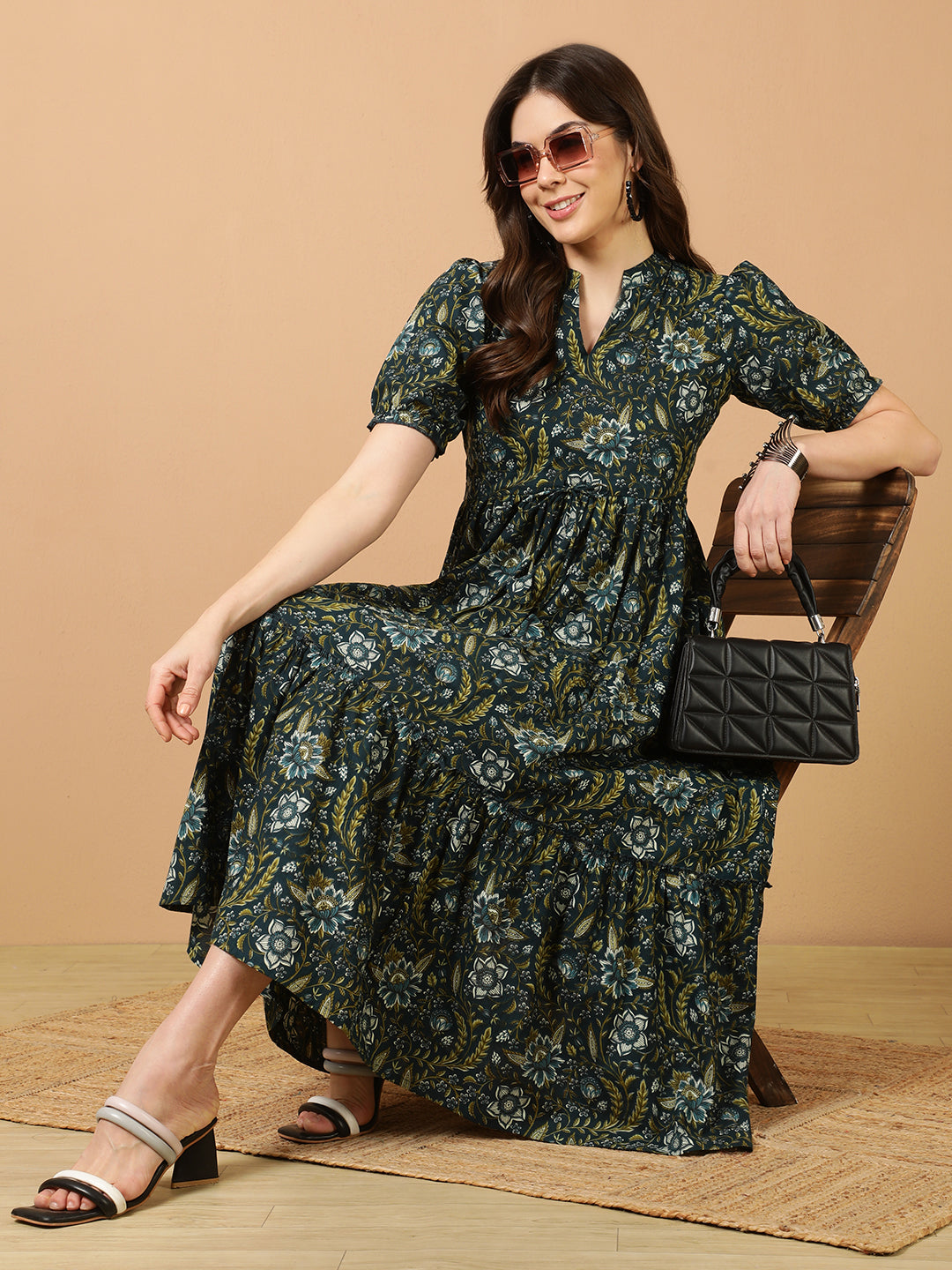 Antaran Blue Pure Cotton Tiered Printed Dress - Swadesiicart