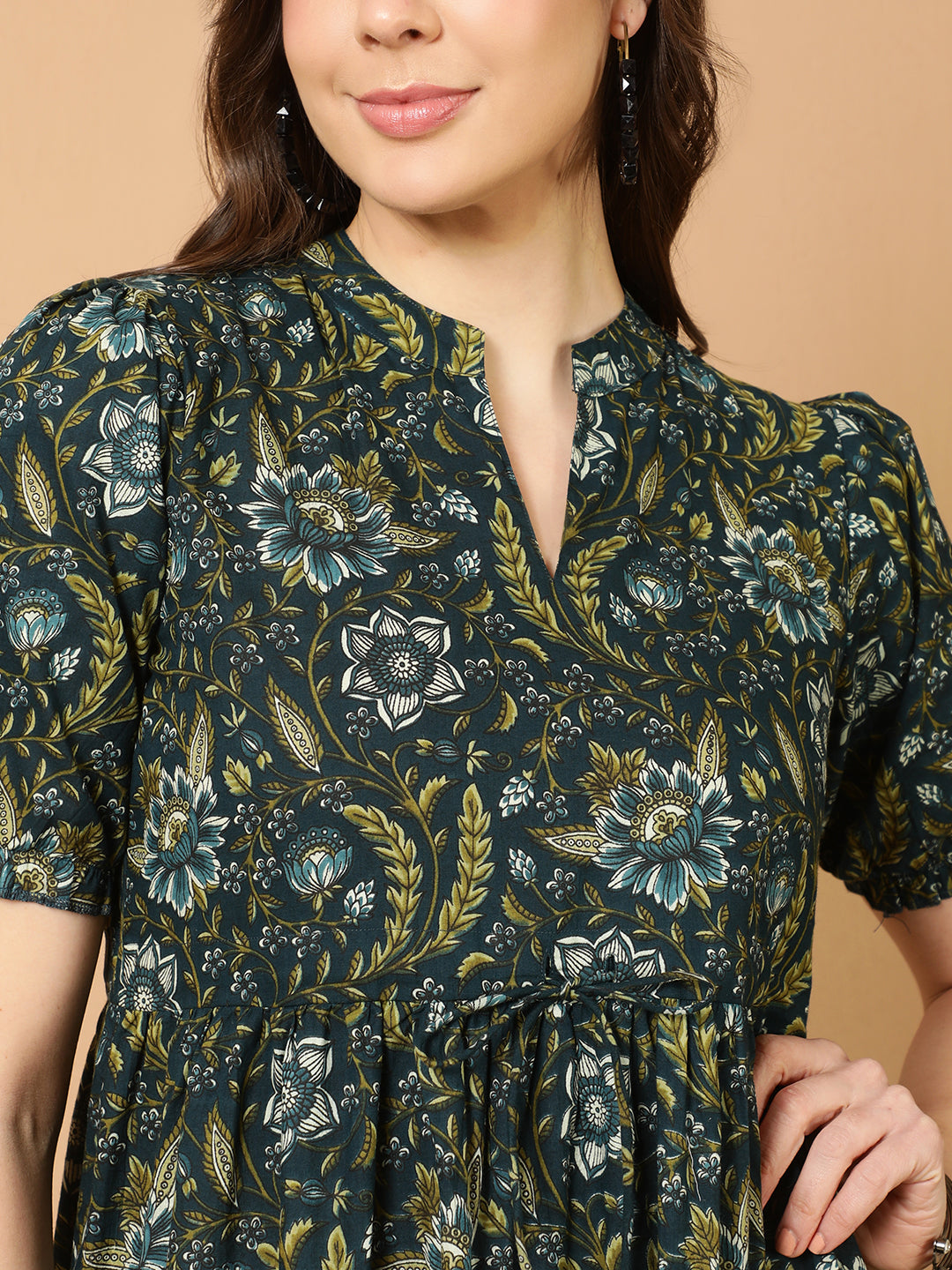 Antaran Blue Pure Cotton Tiered Printed Dress - Swadesiicart