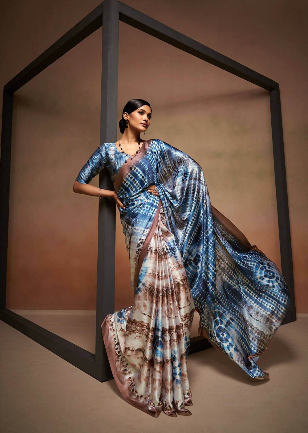 Blue Satin Digital Printed Saree with Unstitched Blouse Piece - Jodha