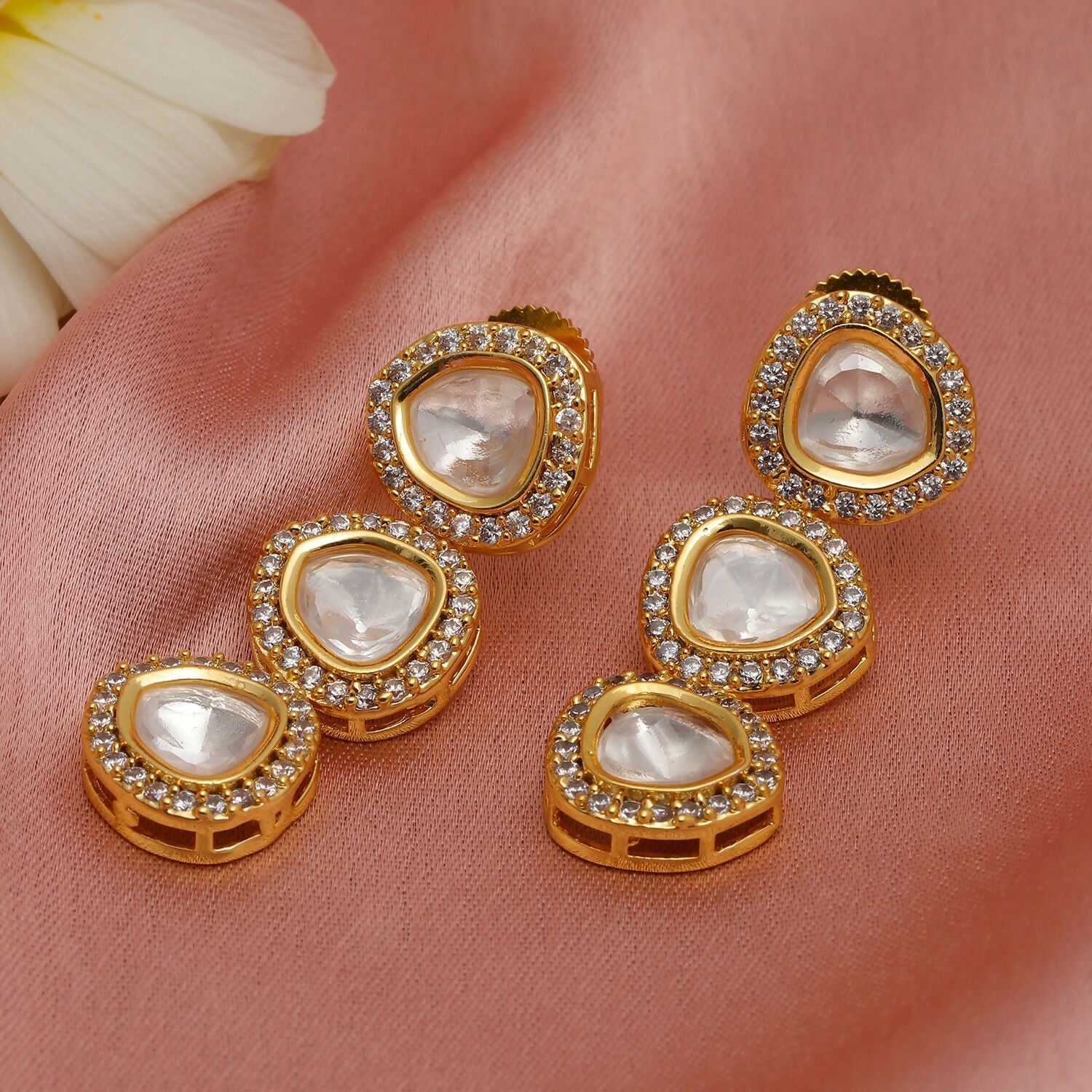 Uncut 3 Tier Kundan Dangler Earrings (Gold) - Ruby Raang - Swadesiicart