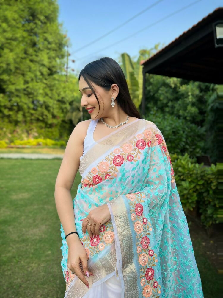 Vamsee Radhika Jaal Sky Organza Silk Saree - Swadesiicart