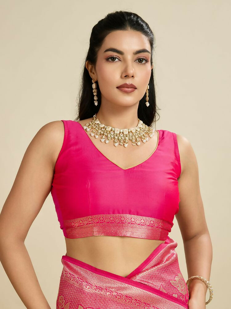 Vishnu Weaves Women's Pink Banarasi Silk Zari Woven Saree with Blouse - Swadesiicart