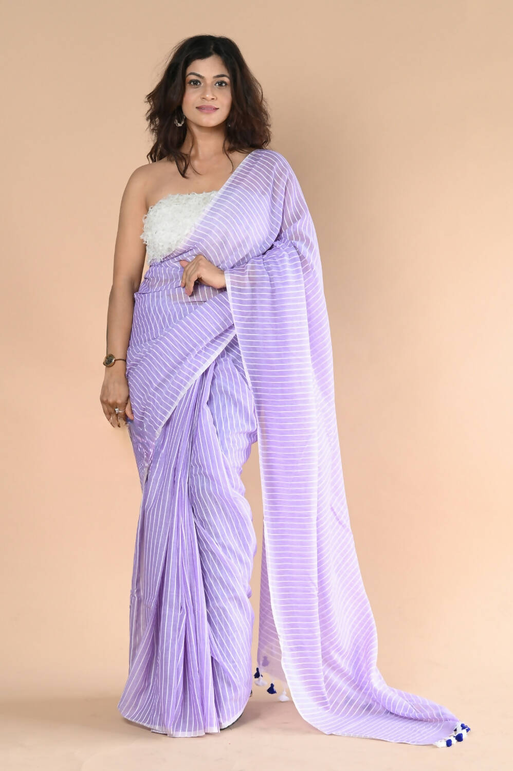 Very Much Indian Designer Pure Cotton Saree With All Over Linear Stripes - Lavender | Swadesiicart