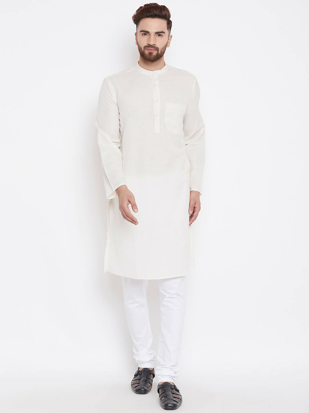 Even Apparels Cream Linen Men's Kurta With Band Collar | Swadesiicart