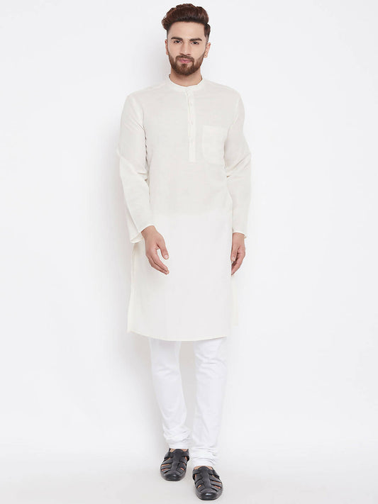 Even Apparels Cream Linen Men's Kurta With Band Collar | Swadesiicart