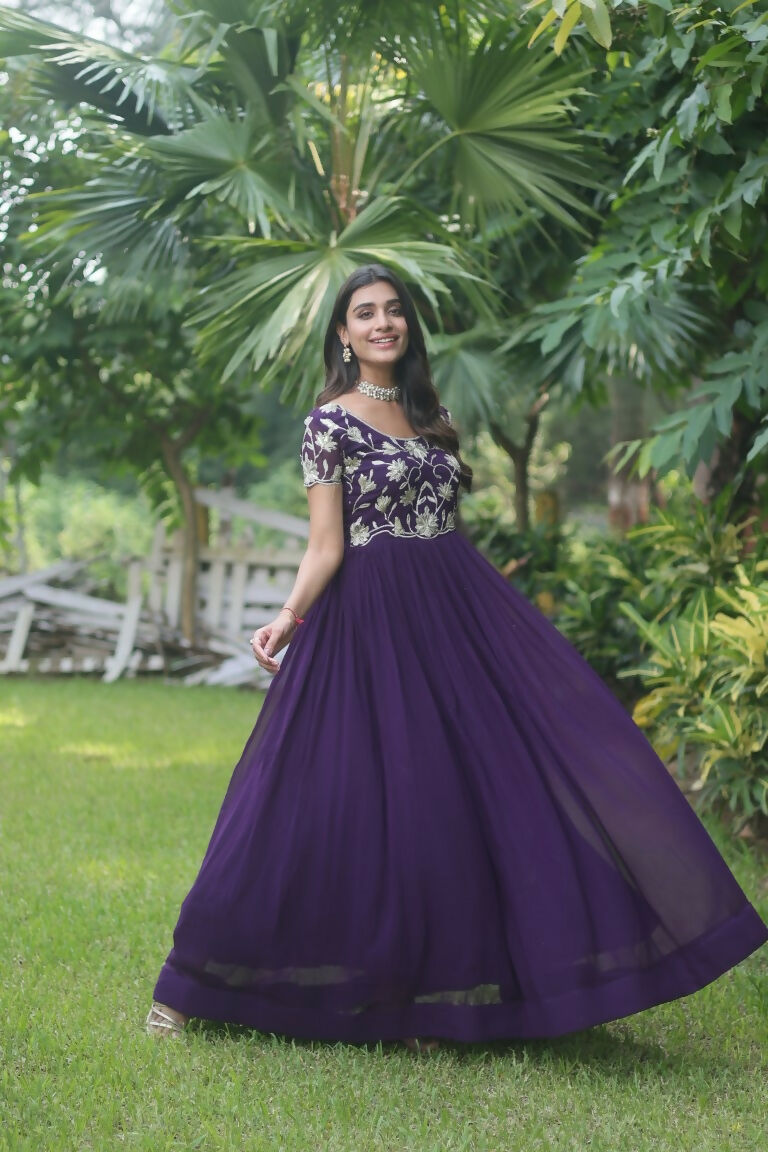 Jyoti Fashion Women's Purple Sequins Embroidered Faux Georgette Anarkali Dress | Swadesiicart